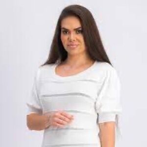 NWT Maison Jules White Puff Sleeve Sweater with Crochet Stripes